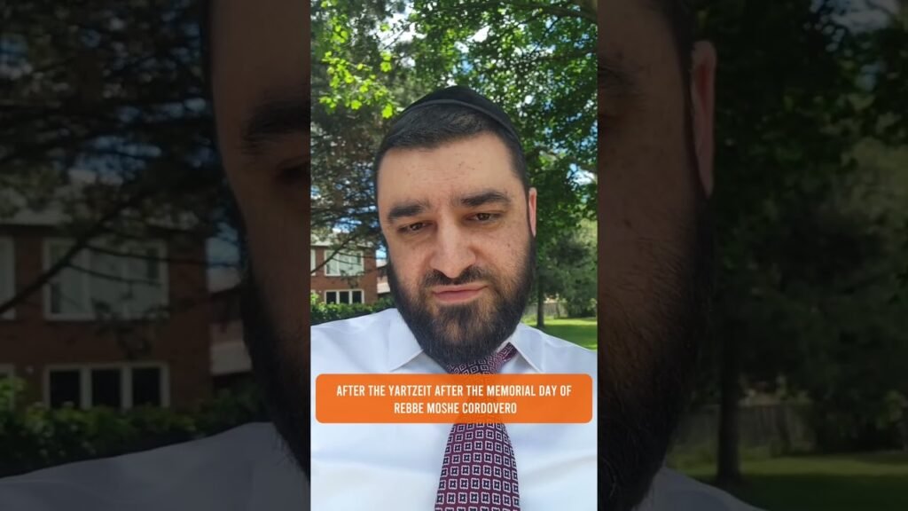 Bearded man outdoors in a white shirt and patterned tie, with an orange caption about Rebbe Moshe Cordovero's yartzeit.