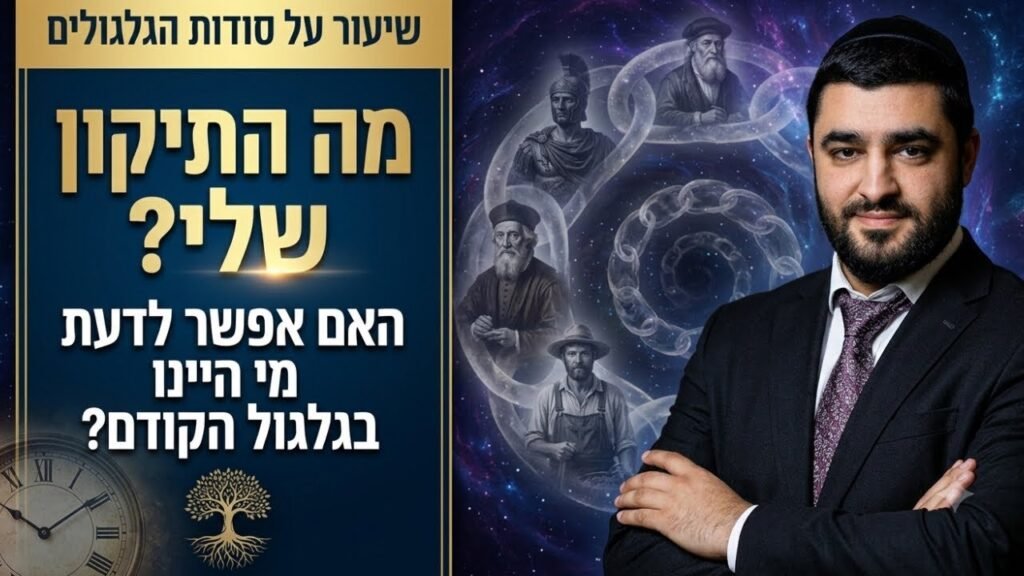 Thumbnail: man in a suit on the right, blue panel with Hebrew text on the left, and a cosmic background with ancient figures and spirals behind.