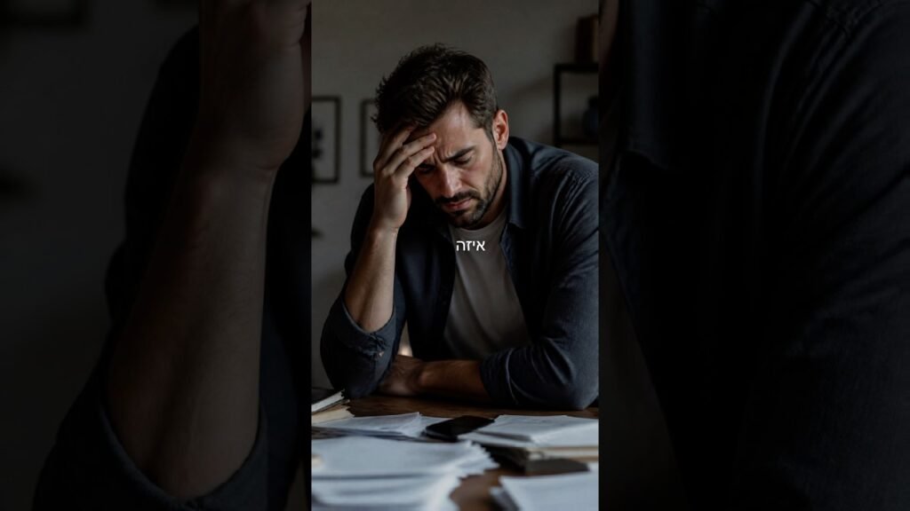 Man at a desk surrounded by scattered papers, head in his hand in a stressed position.