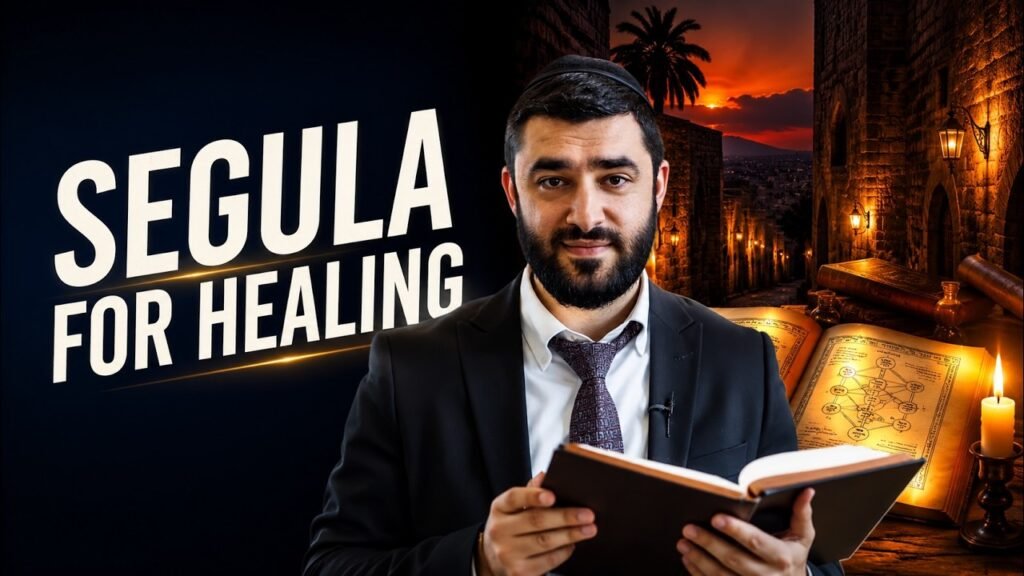 Bearded man in a suit reading an open book, with a large 'Segula for Healing' sign on a dark background behind him.