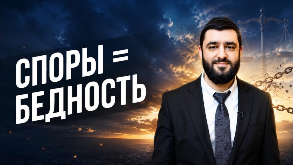 Video thumbnail: bearded man in a suit on the right, with a dramatic sky and scales in the background, and bold Russian text 'СПОРЫ БЕДНОСТЬ' on the left.