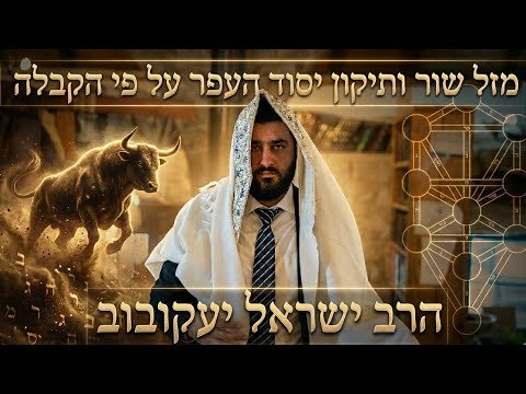 Poster-style image of a man in white religious robes, with a bull on the left and a geometric network on the right; Hebrew captions overlay top and bottom.