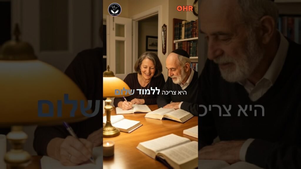 Elderly couple studying together at a wooden table with open books and a lamp in a cozy study room.