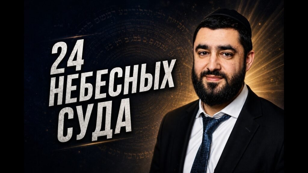 Bearded man in a suit beside bold white Russian text '24 Небесных Суда' on a dark, glowing background.